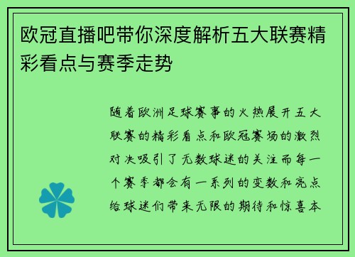 欧冠直播吧带你深度解析五大联赛精彩看点与赛季走势