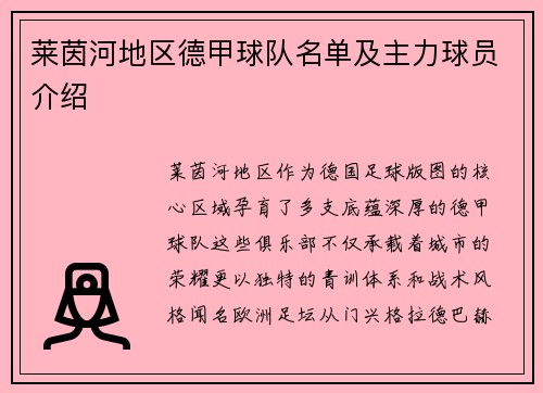 莱茵河地区德甲球队名单及主力球员介绍